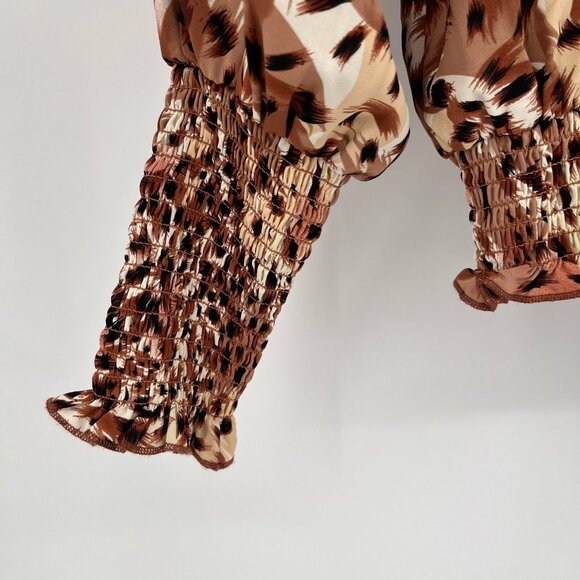 Patrizia Luca Smocked Blouse Size S Brown Animal Print Ruffle Long Sleeve Top - Picture 4 of 8